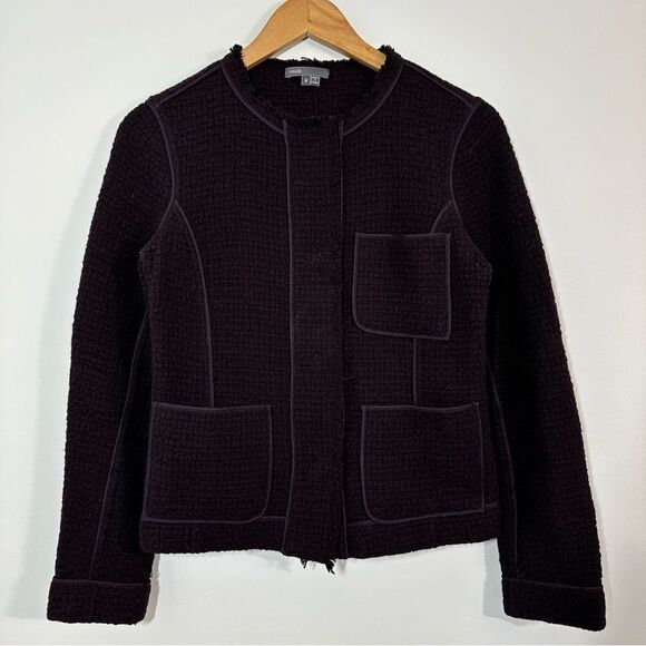 Vince Womens Wool Blend Tweed Boucle Blazer Jacket Fringe Snap Size 6 purple - Picture 1 of 7